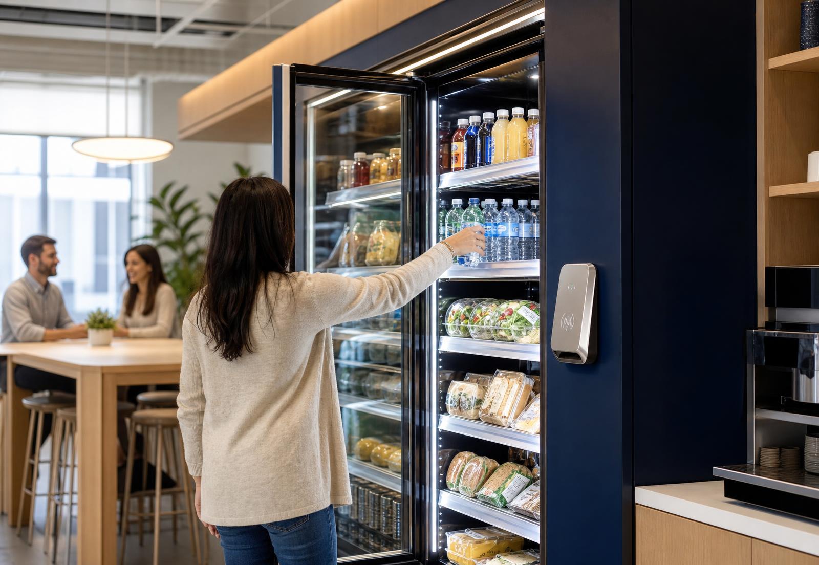 Woman using a modern smart micro market cooler with a card tapper and an open glass door to grab a drink